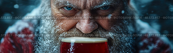 Winter Solstice Cheer: Santa Claus enjoys a Brew in the Snowy Wilderness, a Christmas Holiday Card. Стоковое AI-изображение, AI-художник Данила Большаков / Фотобанк Лори