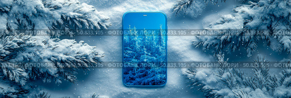 Winter Solstice Mobile Wallpaper: Snowy Forest Screen Concept, Frozen Fir Branch Digital Display. Стоковое AI-изображение, AI-художник Данила Большаков / Фотобанк Лори