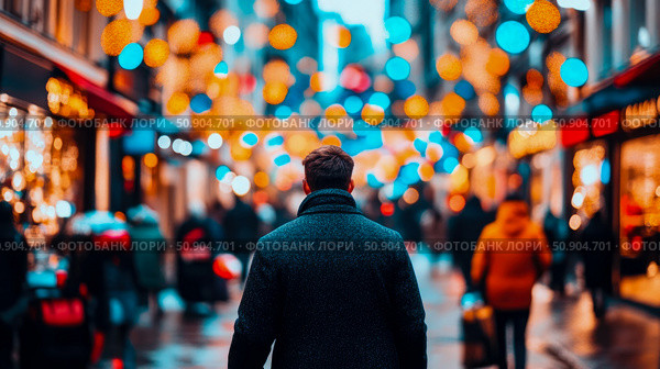 Winter street scene with person looking at lights. Стоковое AI-изображение, AI-художник Данила Большаков / Фотобанк Лори