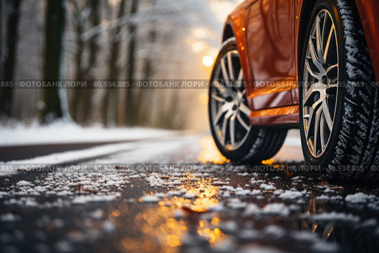 Winter tire. SUV car on snow road. Tires on snowy highway detail. close up view. Space for text. The concept of family travel to a ski resort. Winter or spring holidays adventures. Стоковое AI-изображение, AI-художник Ирина Михайличенко / Фотобанк Лори