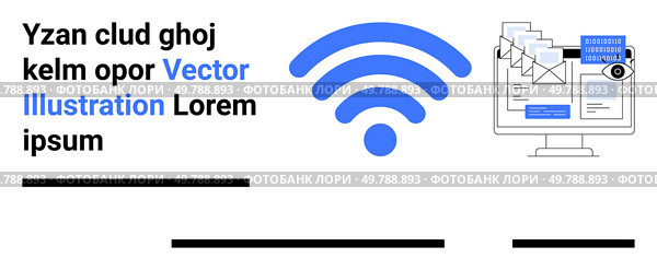 wireless symbol in blue with computer monitor displaying emails and text blocks. Text with different formatting styles. Ideal for tech blogs, web design, eCommerce, marketing pitches, educational. wireless Symbol with Computer Displaying Emails and Text Blocks in Modern Design. Стоковая иллюстрация, агентство Ingram Publishing / Фотобанк Лори