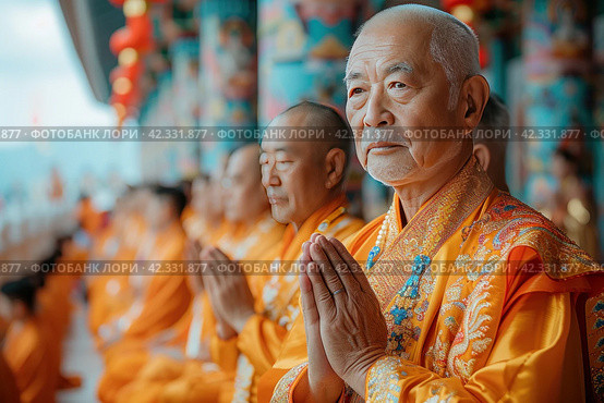 Wisdom in the Monastery: Chinese Elders at the Ceremony, Embodying Ancient Teachings and the Delicacy of Rituals in Their Soul. Стоковое AI-изображение, AI-художник Юрий Поздников / Фотобанк Лори