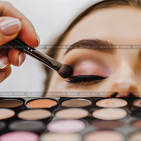 With a makeup brush, the cosmetologist applies eye shadow to the girl's eyelids. In the foreground is a tablet with shadows. The concept of makeup. Стоковое AI-изображение, AI-художник Ярославский Максим / Фотобанк Лори