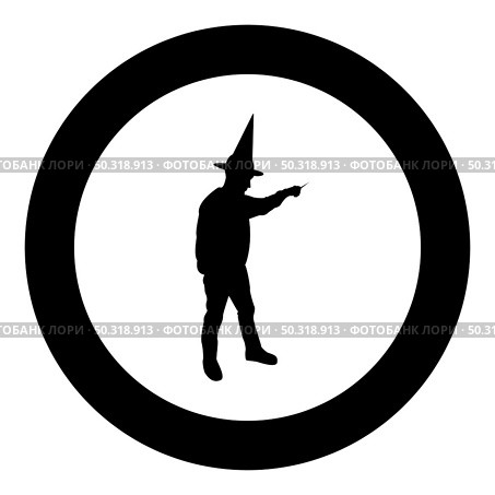 Wizard holds magic wand trick Waving Sorcery concept Magician Sorcerer Fantasy person Warlock man in robe with magical stick Witchcraft in hat mantle Mage conjure Mystery idea Enchantment silhouette in circle round black color vector illustration solid outline style simple image. Wizard holds magic wand trick Waving Sorcery concept Magician Sorcerer Fantasy person Warlock man in robe with magical stick Witchcraft in hat mantle Mage conjure Mystery idea Enchantment silhouette in circle round black color vector illustration solid outline style image. Стоковая иллюстрация, агентство Ingram Publishing / Фотобанк Лори