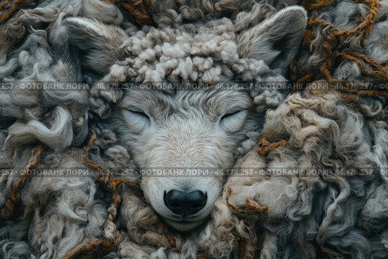 Wolf with its eyes closed, as if it were sleeping or at rest. However, its fur is carefully disguised as sheep's wool, creating the illusion that it is a sheep. This artistic image refers to the well-known expression "a wolf in sheep's clothing", symbolizing a hidden threat, deception and duplicity. The texture of the wool is detailed and looks very realistic, with soft curls and rough threads.The color scheme is warm and natural, including various shades of gray, brown and beige. The wolf is surrounded by a thick layer of sheep's wool, creating an atmosphere of coziness, but at the same time conveying a hidden meaning of anxiety and camouflage. Стоковое AI-изображение, AI-художник Анна Кривицкая / Фотобанк Лори