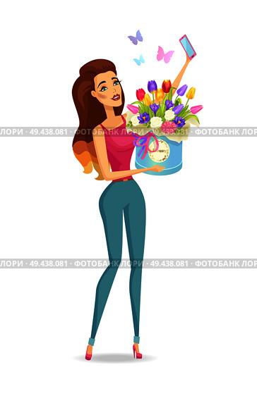 Woman and bouquet in box with ribbon and bow, poster with tulips and roses with gerbera, selfie and good emotions, isolated on vector illustration. Woman and Bouquet Poster, Vector Illustration. Стоковая иллюстрация, агентство Ingram Publishing / Фотобанк Лори