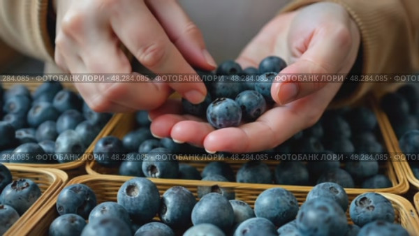 Woman buy blueberry market, close-up hands, berries emporium. AI Generative. Стоковое AI-видео, аниматор Spirit River / Фотобанк Лори