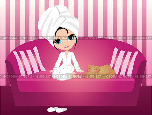 Woman cartoon on a crimson sofa. Стоковая иллюстрация, агентство Ingram Publishing / Фотобанк Лори