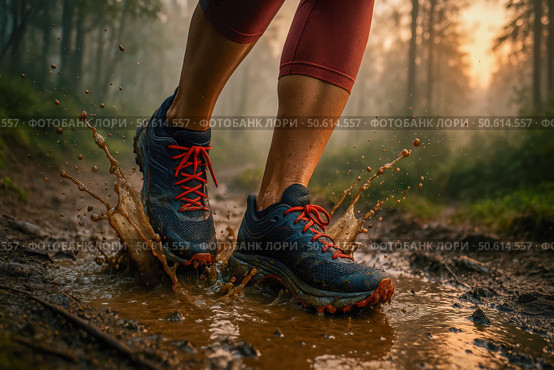 Woman conquers muddy forest trail at dawn, blue shoes with red laces splashing water, showcasing fearless spirit and personal growth. Стоковое фото, фотограф Павел Муравьев / Фотобанк Лори