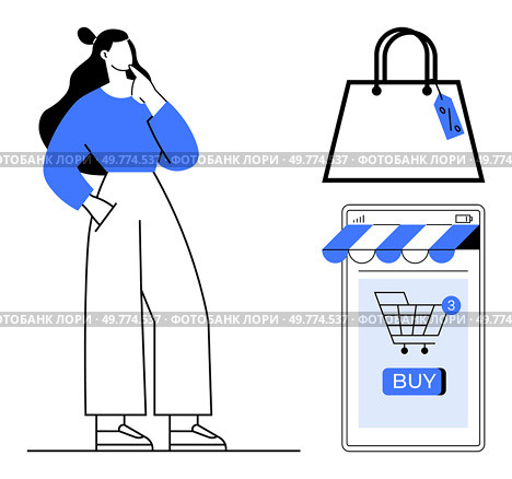 Woman contemplating online shopping with a smartphone featuring a shopping cart and buy button and a shopping bag icon. Ideal for e-commerce advertising digital marketing online shopping retail. Online Shopping Concept with Woman Considering Purchase on Mobile App. Стоковая иллюстрация, агентство Ingram Publishing / Фотобанк Лори