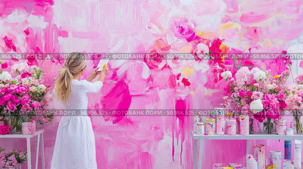 Woman creating an expressive mural on a vibrant pink wall, surrounded by blooming floral arrangements, symbolizing artistic passion and spring vibrancy. Стоковое AI-изображение, AI-художник Данила Большаков / Фотобанк Лори