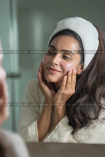 Woman enjoys self-care routine while looking in the mirror at home. Женщина ухаживает за кожей, аккуратно нанося средства на лицо и улыбаясь своему отражению. Мягкое освещение создает успокаивающую атмосферу в ее ванной комнате. Стоковое AI-изображение, AI-художник Katsiaryna Repich / Фотобанк Лори