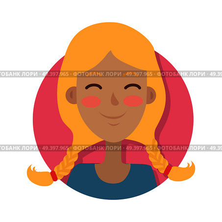 Woman face emotive icon. Smiling cute blonde female character with pigtails and rosy cheeks isolated flat vector illustration. Happy human psychological portrait. Positive emotions user avatar. Стоковая иллюстрация, агентство Ingram Publishing / Фотобанк Лори