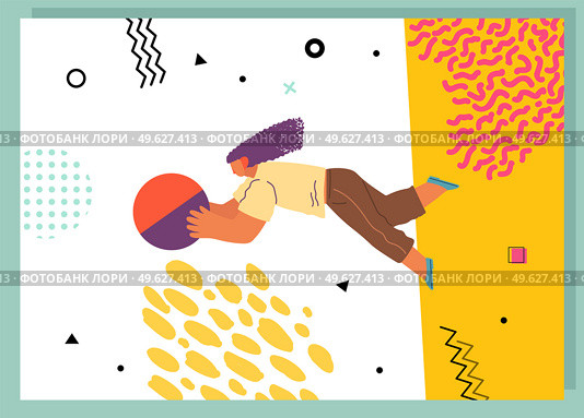 Woman flying in abstract imaginary space organizing geometric shapes. Person in a pose of movement collecting figures. Teamwork and team building organization concept. Modern business illustration. Woman flying in abstract imaginary space organizing different geometric shapes. Teamwork concept. Стоковая иллюстрация, агентство Ingram Publishing / Фотобанк Лори