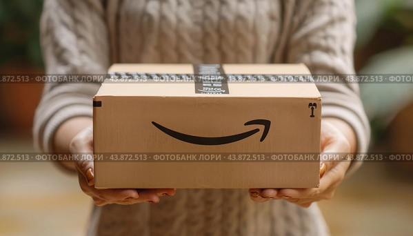 Woman holding a just delivered amazon package. Стоковое AI-изображение, AI-художник Юрий Поздников / Фотобанк Лори