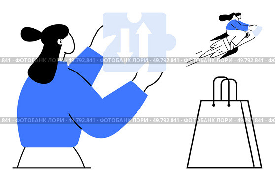 Woman holding a puzzle piece with up-down arrows, person riding a rocket, and a shopping bag. Ideal for teamwork, innovation, problem-solving, speed, e-commerce direction conveyance. Line metaphor. Woman Holding Puzzle Piece with Up-Down Arrows, Person Riding Rocket, and Shopping Bag. Стоковая иллюстрация, агентство Ingram Publishing / Фотобанк Лори