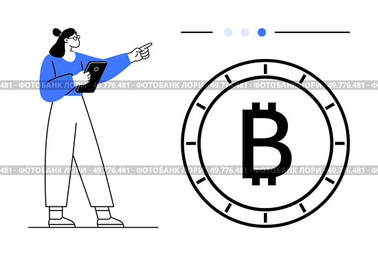 Woman holding a tablet, pointing at a Bitcoin symbol within a circle. Three dots with one highlighted in blue. Ideal for cryptocurrency education, financial technology, digital currency, blockchain. Woman with tablet explaining Bitcoin symbol concepts with interactive elements. Стоковая иллюстрация, агентство Ingram Publishing / Фотобанк Лори