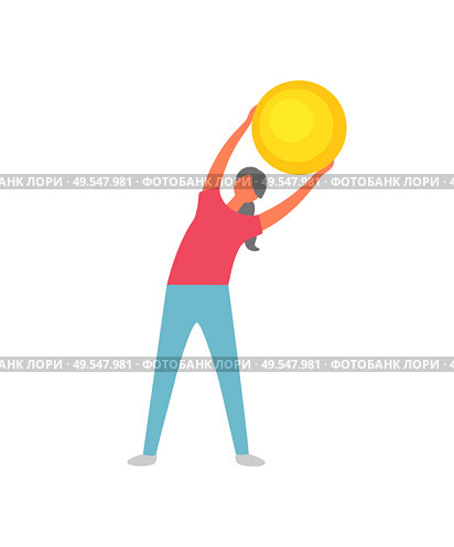 Woman holding fitness ball vector, female wearing sportswear improving flexibility. Slim lady doing exercises for healthy lifestyle, athlete with bauble. Fitness Working Out Woman, Flexibility Exercise. Стоковая иллюстрация, агентство Ingram Publishing / Фотобанк Лори