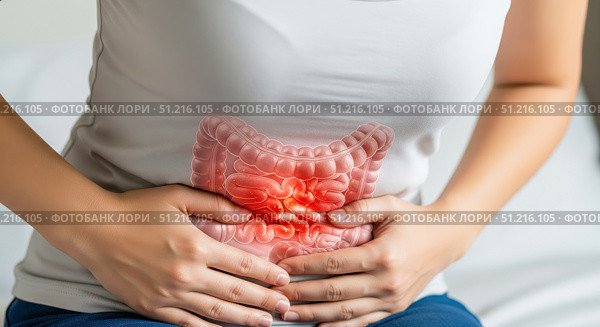 Woman holding her belly with visible intestine illustration, closeup of person suffering from bloating, period pain, constipation or other digestive system problem. Стоковое AI-изображение, AI-художник Павел Муравьев / Фотобанк Лори