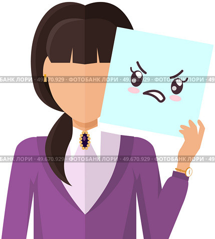 Woman holding picture of cute kawaii disgruntled face. Manga style eyes and mouths. Funny japanese positive facial expression. Eastern kawaii anime culture elements. Lady shows angry emotion. Woman holding picture of cute kawaii disgruntled face. Lady shows angry emotion, facial expression. Стоковая иллюстрация, агентство Ingram Publishing / Фотобанк Лори