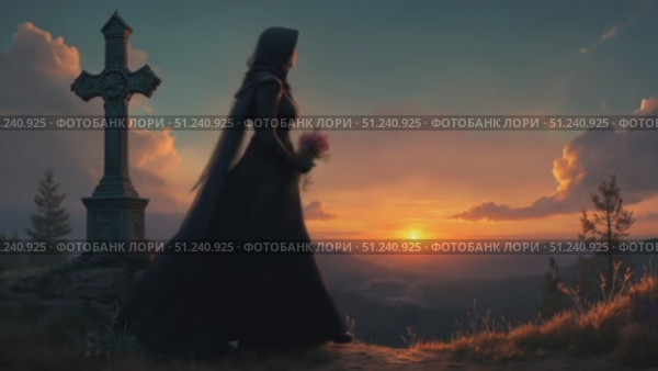 Woman in black dress holding flower by grave at sunset. Стоковое AI-видео, аниматор KATERINA AI / Фотобанк Лори