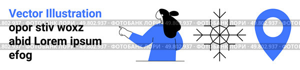 Woman in blue pointing right, intricate snowflake, and solid blue location pin. Ideal for winter themes, navigation, travel, weather forecasts, user guides, educational content, web design. Banner. Engaging Visuals Featuring Woman Pointing, Snowflake, and Location Icon in Modern Design. Стоковая иллюстрация, агентство Ingram Publishing / Фотобанк Лори