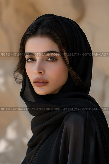 Woman in hijab and abaya on beige background. muslim modest fashion wear shoot. Женщина в хиджабе и абайе на бежевом фоне. Съемка мусульманской скромной одежды. Стоковое AI-изображение, AI-художник Katsiaryna Repich / Фотобанк Лори