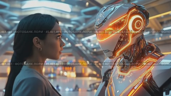 Woman interacting with advanced humanoid robot in futuristic setting. Стоковое AI-видео, аниматор Юрий Поздников / Фотобанк Лори