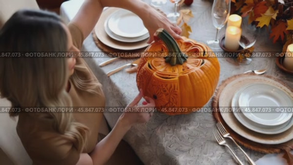 Woman is carving a pumpkin on a table with a tablecloth and plates. Стоковое AI-видео, аниматор Sergey Grishin / Фотобанк Лори