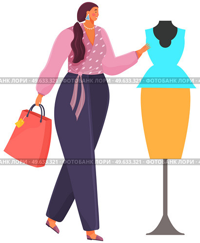 Woman looking on skirt and blouse at dummy. Female buyer near mannequin with fashionable clothing. Professional shopping at marketplace. Girl with purchases is choosing outfits on mannequin. Woman looking on skirt and blouse at dummy. Girl with purchases is choosing outfits on mannequin. Стоковая иллюстрация, агентство Ingram Publishing / Фотобанк Лори