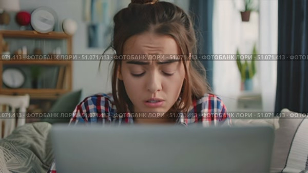 Woman looks surprised while sitting on a couch in her living room. She is using a laptop computer. Стоковое AI-видео, аниматор Данила Большаков / Фотобанк Лори