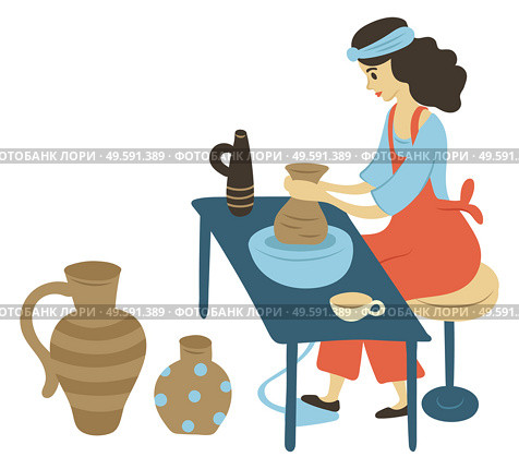 Woman making pots and jars from clay vector, isolated character with hobby. Lady sitting by table creating containers with hands, handmade products. Pottery Hobby, Woman with Jars Made with Clay. Стоковая иллюстрация, агентство Ingram Publishing / Фотобанк Лори