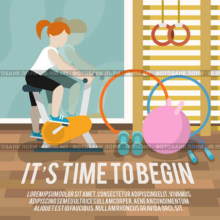 Woman on cycling machine in gymnasium fitness lifestyle time to begin poster vector illustration. Стоковая иллюстрация, агентство Ingram Publishing / Фотобанк Лори