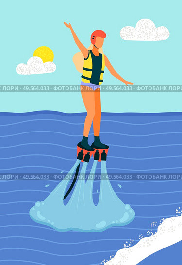 Woman on water skis surfing in sea or ocean. Leaves traces on water, beach and summer sport activities. Girl wearing life vest and helmet flyboarding. New spectacular extreme water sport. Woman on Water Skis Surfing in Sea or Ocean Vector. Стоковая иллюстрация, агентство Ingram Publishing / Фотобанк Лори