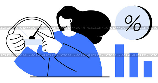 Woman pointing at speedometer gauge, analyzing performance metrics. Percent symbol and bar chart bars in background. Ideal for business analytics, productivity tracking, performance measurement, KPI. Woman analyzing performance metrics with a speedometer gauge and percent symbol. Стоковая иллюстрация, агентство Ingram Publishing / Фотобанк Лори