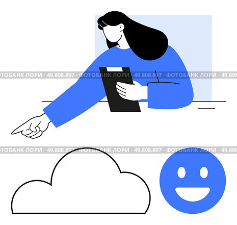 Woman pointing while holding clipboard, paired with a cloud outline and happy face. Ideal for communication, feedback, customer experience, cloud computing, weather, mood expression, workplace. Woman pointing with clipboard, cloud outline and happy face on simplified scene, communication and feedback. Стоковая иллюстрация, агентство Ingram Publishing / Фотобанк Лори