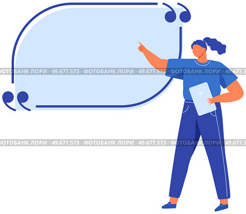 Woman points to huge speech bubble vector illustration. Communication, dialogue, conversation symbol. Free talk, colloquial speech concept. Lady says phrase, saying. Bubble for text with conversation. Woman points to huge speech bubble. Communication, dialogue, conversation, free talk symbol. Стоковая иллюстрация, агентство Ingram Publishing / Фотобанк Лори