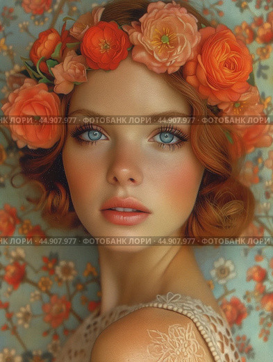 Woman portrait with vibrant orange floral crown, art nouveau digital art. Стоковое AI-изображение, AI-художник Ксения Лаптева / Фотобанк Лори