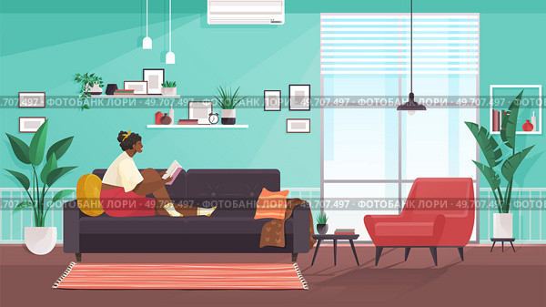 Woman reading book, sitting on sofa. Hobby, relax, resting, at home concept. Cute girl relaxes, doing favorite thing. Introvert reading interesting book in living room interior with homeplants. Woman reading book, sitting on sofa. Hobby, relax, resting, at home concept. Cute girl relaxes. Стоковая иллюстрация, агентство Ingram Publishing / Фотобанк Лори