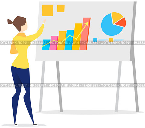 Woman reporting statistics, diagrams. Businesswoman showing financial report with statistical indicators. Girl demonstrates results of data analysis, business research on presentation board. Businesswoman showing financial report, demonstrates results of data analysis on presentation board. Стоковая иллюстрация, агентство Ingram Publishing / Фотобанк Лори