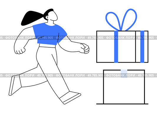 Woman running energetically towards a gift box with ribbon while an open box sits below. Ideal for celebration, delivery, surprise, shopping, giving, excitement, and holiday themes. Line metaphor. Woman in blue top running towards a gift box with ribbon and an open box underneath. Стоковая иллюстрация, агентство Ingram Publishing / Фотобанк Лори