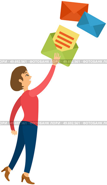 Woman sending letter. Internet marketing, sending newsletter, subscription. Concept of an e-mail message, new incoming sms, mail notification sending. Woman hold mail. Chatting, correspondence service. Woman sending letter. Internet marketing, newsletter, subscription. Concept of an e-mail message. Стоковая иллюстрация, агентство Ingram Publishing / Фотобанк Лори