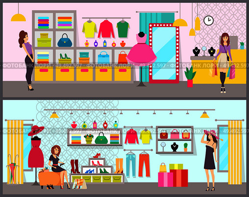 Woman shopping in brand clothes boutique, fashionable brand items vector. Handbags hats, perfume bottles and dresses on mannequins, jewelry necklace. Woman Shopping in Brand Clothes Boutique Vector. Стоковая иллюстрация, агентство Ingram Publishing / Фотобанк Лори