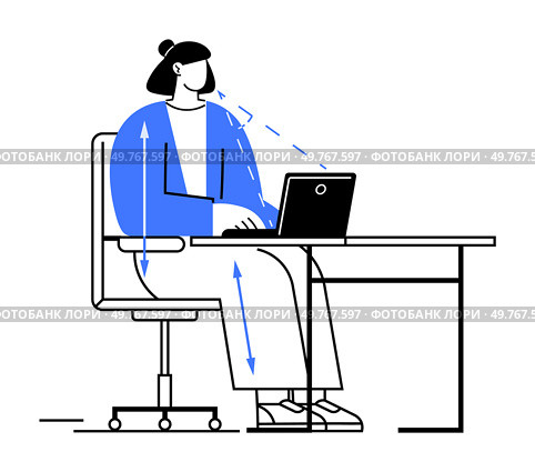 Woman, sitting at a desk with a laptop, demonstrates ideal ergonomic posture. Ideal for workplace safety, health and wellness education, productivity tips, office design, and ergonomics awareness. Sim. Ergonomic Sitting Posture at Desk with Laptop for Optimal Work Efficiency. Стоковая иллюстрация, агентство Ingram Publishing / Фотобанк Лори