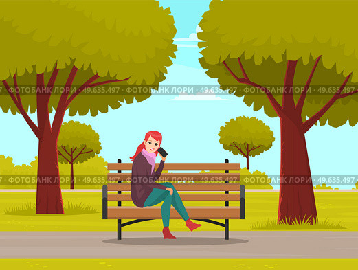 Woman sitting on bench and talking on phone in clear cool day in natural landscape. Wooden seat and lady with smartphone in hands. Young girl in spring sity park with green alley and tall trees. Woman sitting on bench and talking on phone in clear cool day. Wooden seat and lady with smartphone. Стоковая иллюстрация, агентство Ingram Publishing / Фотобанк Лори