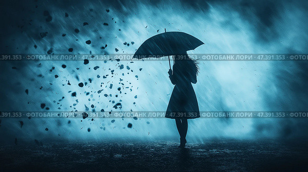 Woman standing in the storm holding an umbrella at night. Женщина в темном плаще держит зонтик, а вокруг нее бушует сильный ветер. Она твердо стоит на фоне летящих обломков, окруженная жутким сиянием ночной бури. Стоковое AI-изображение, AI-художник Katsiaryna Repich / Фотобанк Лори