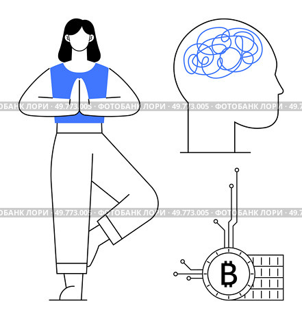 Woman standing in tree pose, human head with tangled neural pathways, Bitcoin circuit. Ideal for mindfulness, mental health, cryptocurrency, technology, digital wellness. Simple line art style. Woman Meditating in Tree Pose, Brain with Neural Network, Bitcoin Circuit. Стоковая иллюстрация, агентство Ingram Publishing / Фотобанк Лори