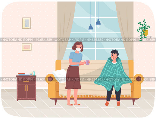 Woman treats young man. Guy drinks hot tea in apartment. Sick people spend time at home. Male character having flu or colds or virus infection. Patient being treated for disease with special medicines. Woman treats young man for disease. Guy drinks hot tea in apartment. Sick people spend time at home. Стоковая иллюстрация, агентство Ingram Publishing / Фотобанк Лори