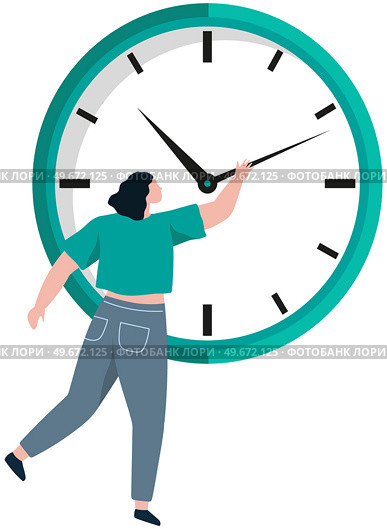 Woman trying to delay deadline. Planning, punctuality, time management. Female character looking at clock. Lady holds arrow to be in time. Punctual businesswoman, hourly work vector illustration. Woman trying to delay deadline. Planning, punctuality, time management. Lady holds clock arrow. Стоковая иллюстрация, агентство Ingram Publishing / Фотобанк Лори