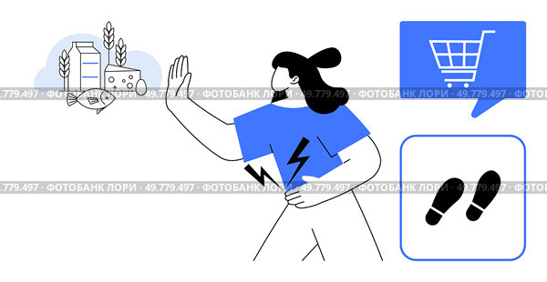 Woman turning away from unhealthy food like dairy, fish, and grains with a stop gesture, shopping cart and footsteps icons representing fitness and healthy choices. Ideal for wellness, health. Woman Avoiding Unhealthy Food with Shopping and Fitness Icons for Wellness and Health Awareness. Стоковая иллюстрация, агентство Ingram Publishing / Фотобанк Лори